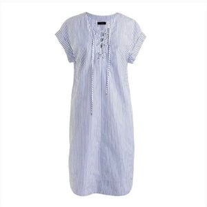J. Crew Lace Up Striped Shirt Dress Blue White Large